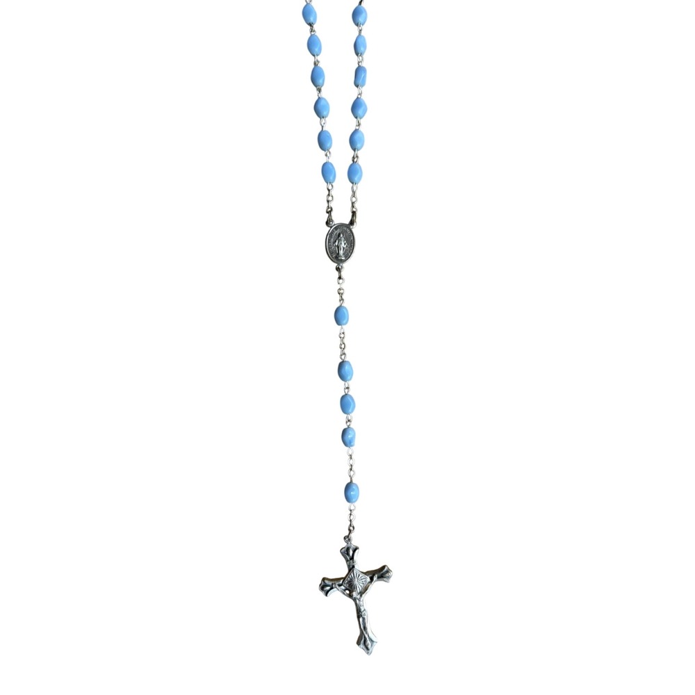 Vintage Light Blue Bead Rosary Necklace Silver Tone Miraculous Medal Crucifix